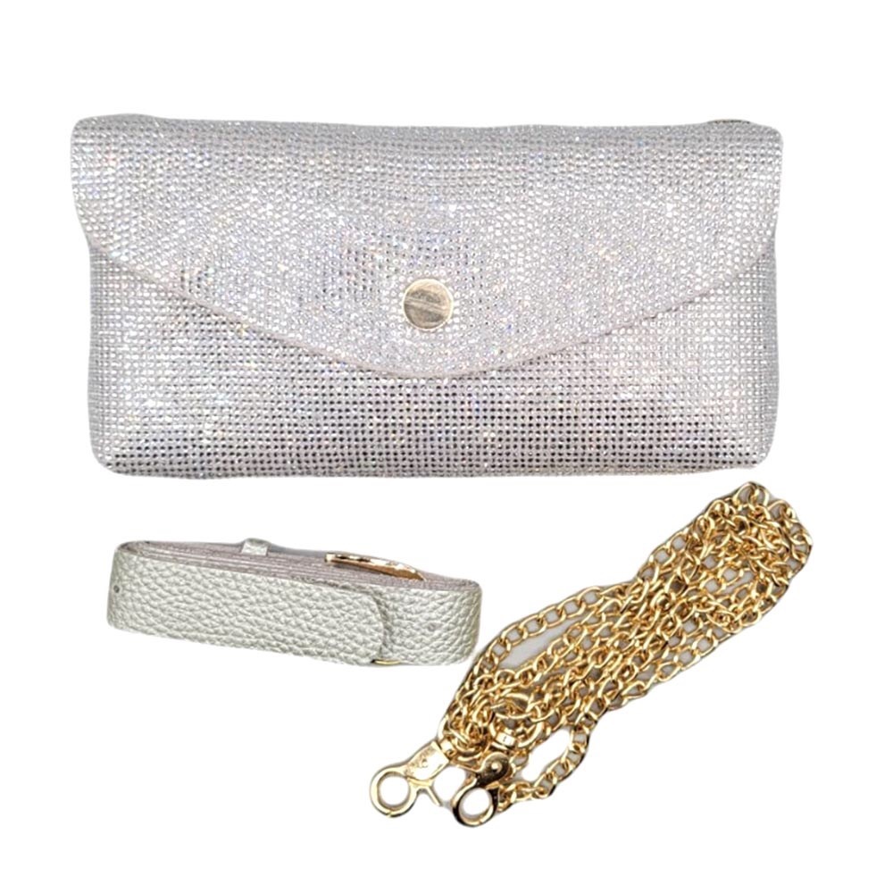 Silver Metallic Rhinestone Bling Envelop Belt Bag